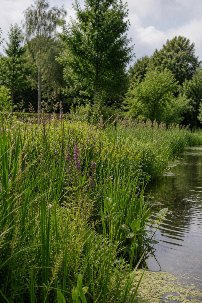 Oeverbeplanting met paarse bloemen langs een vijver